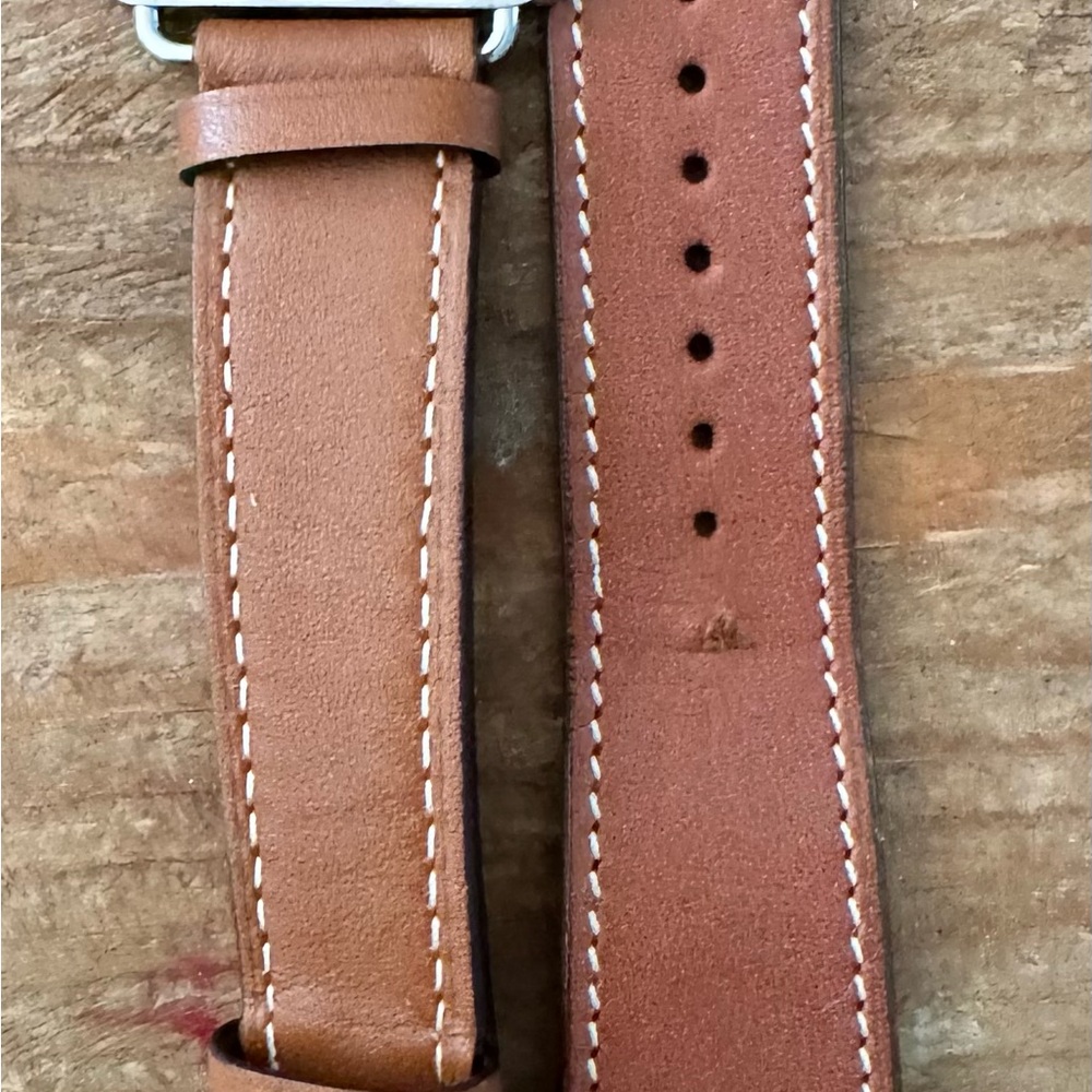 Apple Brown Leather Watch Band with White Stitching